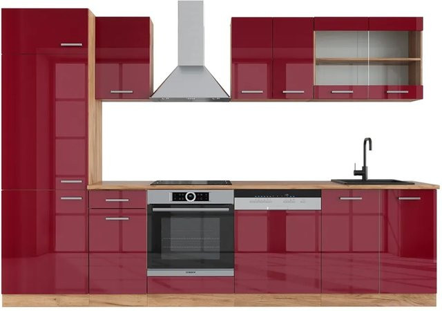 Vicco R-Line Küchenzeile Bordeaux Hochglanz in Goldkraft Eiche, Breite: 300 cm, Höhe: 207 cm, Tiefe: 60 cm - Bild 1