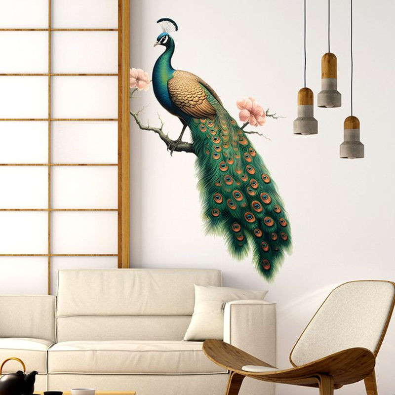 Selbstklebender Wandaufkleber mit Pfau und Zweigen in Vintage-Optik, mehrfarbig und schwarz - Bild 1