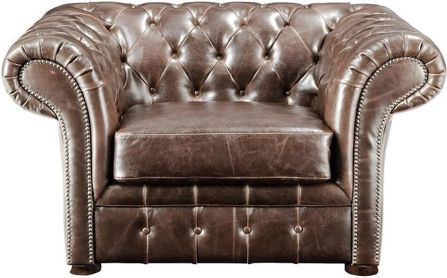 Vente-unique Chesterfield Sessel Clotaire aus Leder in Schokobraun mit gerader Rückenlehne und Armlehnen, Höhe: 127 cm, Breite: 90 cm, Tiefe: 73 cm - Bild 1