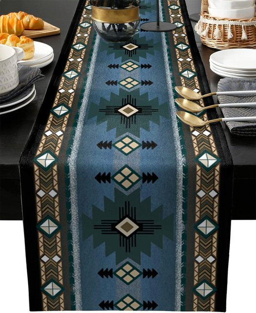 JMG Household Supplies Tischläufer aus Leinen im Native American Indian Stil, Blau, B: 150 cm, T: 33 cm - Bild 1