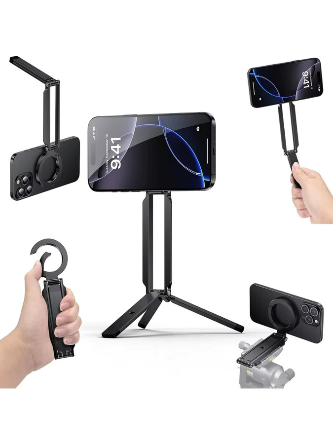 DUTRIEUX 3-in-1 Magnetischer Stativständer mit 360 Grad Drehung, Verstellbares Ultraleichtes ABS-Mini-Stativ mit 1/4-Zoll-Anschluss und Faltbarem Handyhalter inklusive Tasche in Schwarz oder Silber - Bild 5
