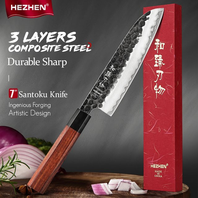 HEZHEN Santoku Kochmesser aus 3-lagigem Verbundstahl mit Palisandergriff in Silber und Braun - Bild 1