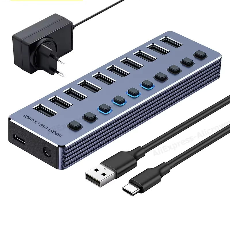 Kebidumei USB 3.0 Hub mit 10/7 Ports und Ein/Aus Schalter, Aluminium USB Splitter Erweiterungsstation in Silber für PC und Laptop inklusive 12 V Netzteil - Bild 7
