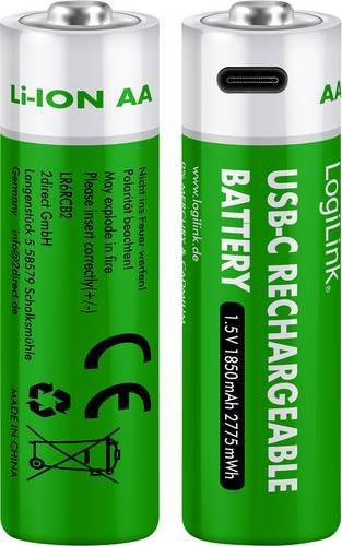 LogiLink LR6RCB2 Mignon AA Akku Li-Ion 1850 mAh 1.5V 2er-Pack USB-C Anschluss in Grün - Bild 1