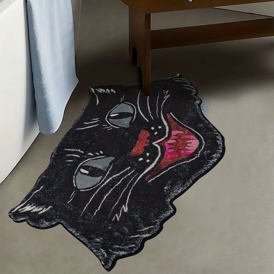 VIKAMA Teppich mit Cartoon Schwarz Katze Kopf Design als kreative Fußmatte für Wohnzimmer, Schlafzimmer oder Badezimmer in Schwarz - Bild 4