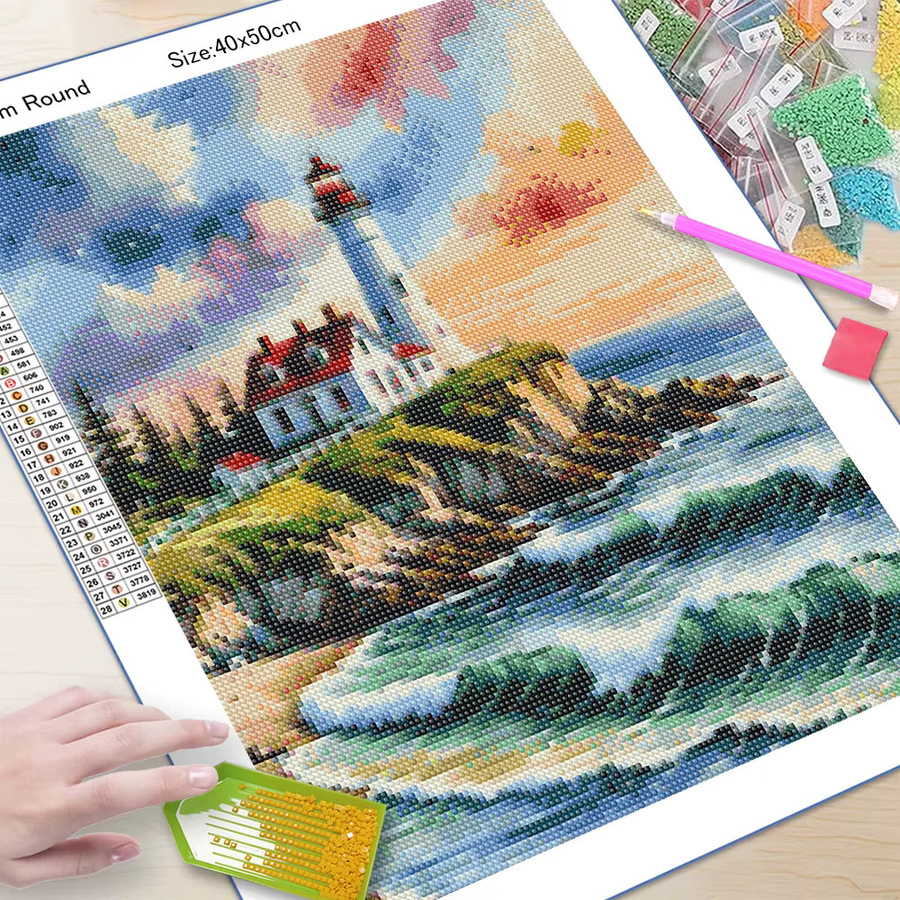 QIZITENG Diamantmalerei Set Aquarell Landschaft mit Pflanze und Segelboot als DIY Strass Mosaik Kreuzstich Kit in Multicolour - Bild 2