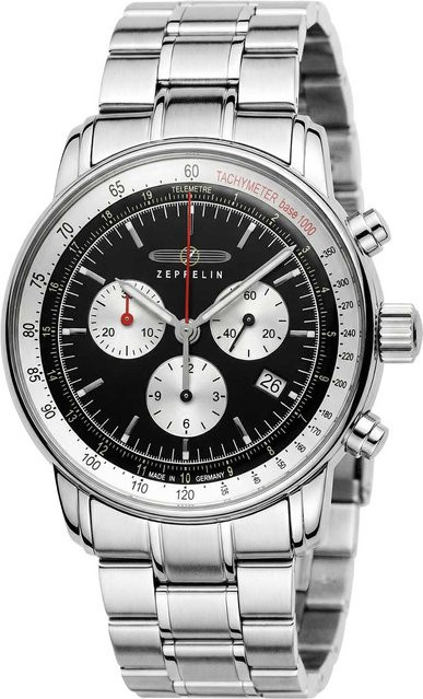 Zeppelin Chronograph, Herrenuhr, Quarz, Edelstahl, 43 mm, Schwarz, 5 ATM - Bild 1