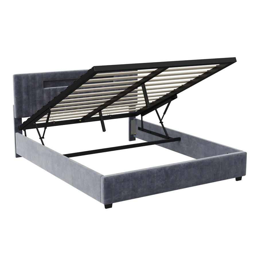 PXloue Hydraulisches Stauraumbett mit LED-Beleuchtung aus Samt in Grau, B/T/H: 140 x 200 x 105 cm - Bild 2