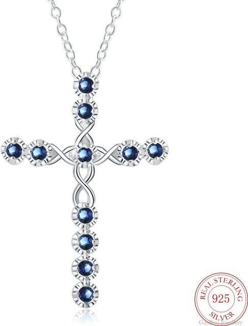 YIRAN Jewelry Halskette, Kreuz Anhänger, 925 Silber, Blau, Zirkonia, Unisex - Bild 1