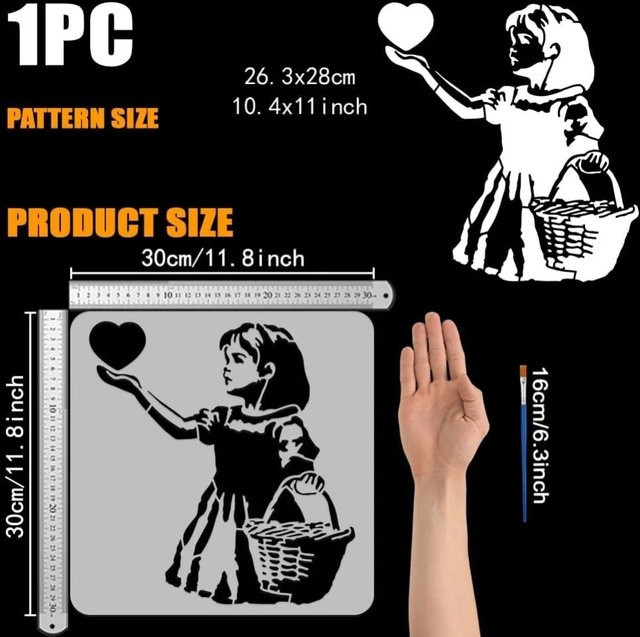 Wiederverwendbare PET Schablone Kleine Dame mit Pinsel für Dekorationen, B/B: 30 x 30 cm - Bild 1