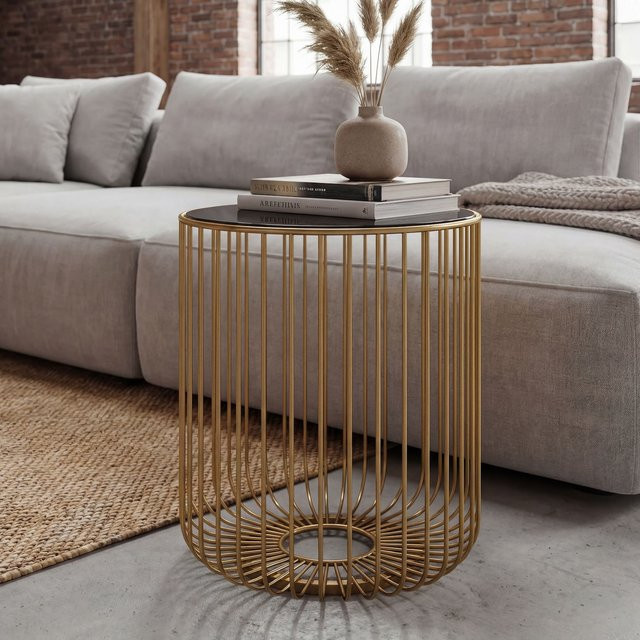 Runder Beistelltisch Finebuy in Gold mit Glasplatte und Metallgestell im Art Deco Stil, Durchmesser: 40 cm - Bild 1