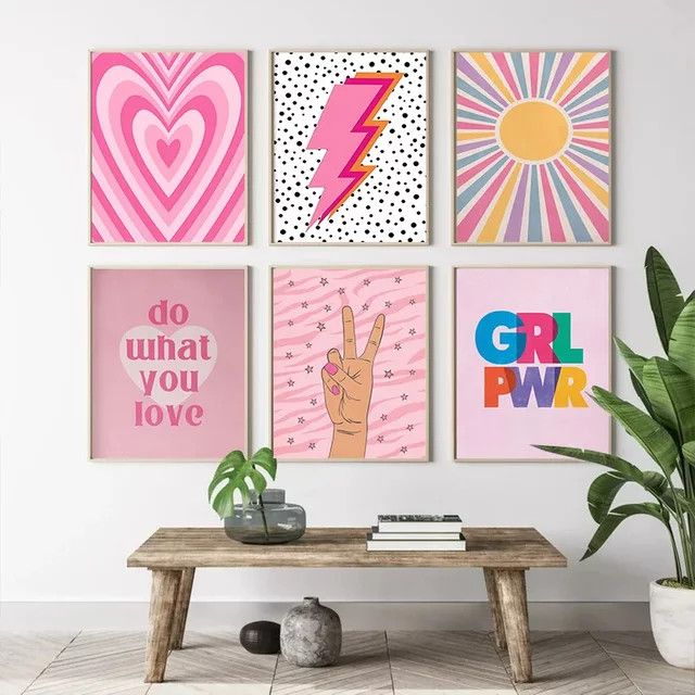 Potdemiel Wandkunst Leinwand mit abstraktem Herz, Blitz und Sonne in Rosa und Pink im Nordic Minimalismus Stil - Bild 1