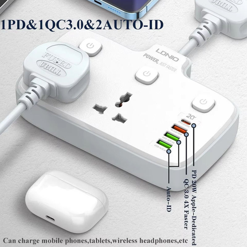 LDNIO Steckdosenleiste mit Schalter in Weiß mit 2 AC-Ausgängen und 4 USB PD20W Schnellladeanschlüssen inklusive USB-C - Bild 3