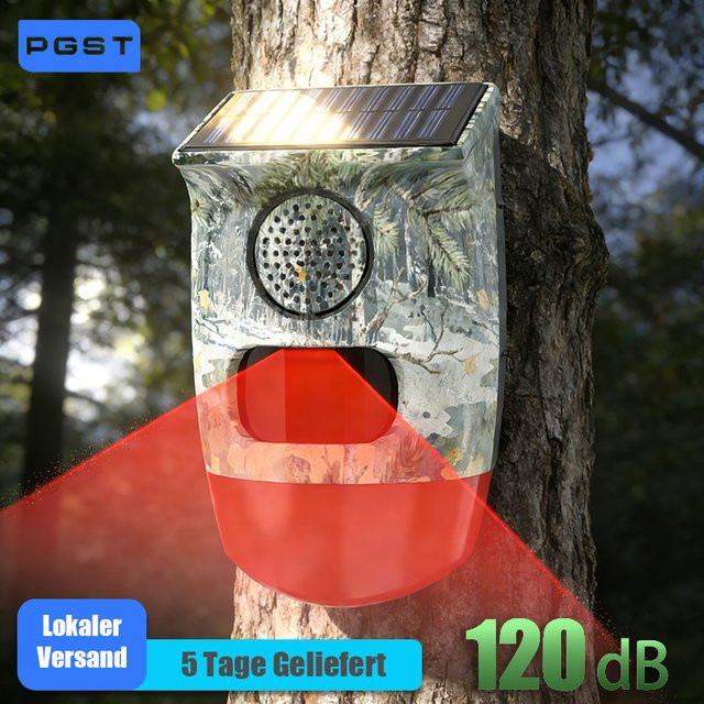 PGST Solar Infrarot-Bewegungsmelder mit 120dB Alarm-Sirene für Outdoor-Haussicherheit und Wildtierschutz - Bild 1