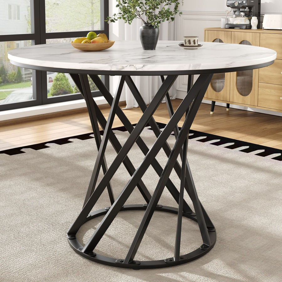 Runder Esstisch von FC in Weiß und Schwarz mit MDF Tischplatte und Metallbeinen, Durchmesser: 80 cm, Höhe: 76 cm - Bild 2