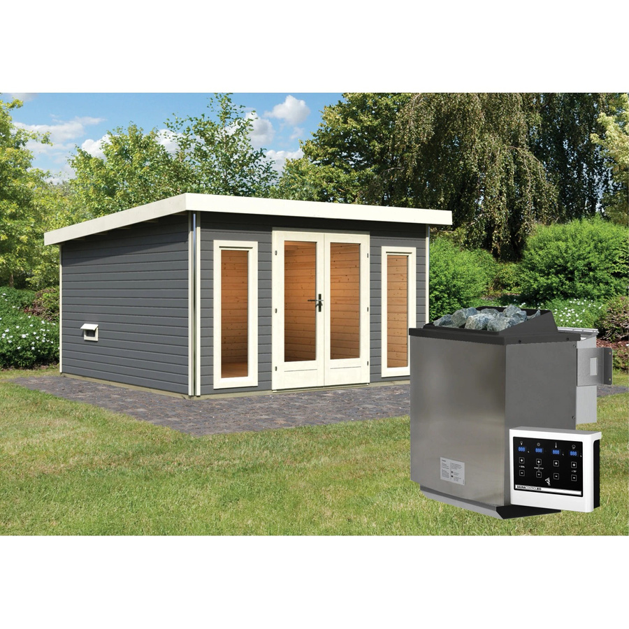 Karibu Saunahaus Magnus 3 Set in Terragrau mit 9 kW Bio-Ofen und externer Steuerung aus nordischer Fichte - Bild 2
