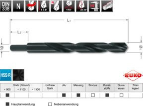RUKO Spiralbohrer DIN 338 HSS-R Typ N mit abgesetztem Schaft aus Edelstahl in Schwarz Durchmesser: 18,00 mm - Bild 1