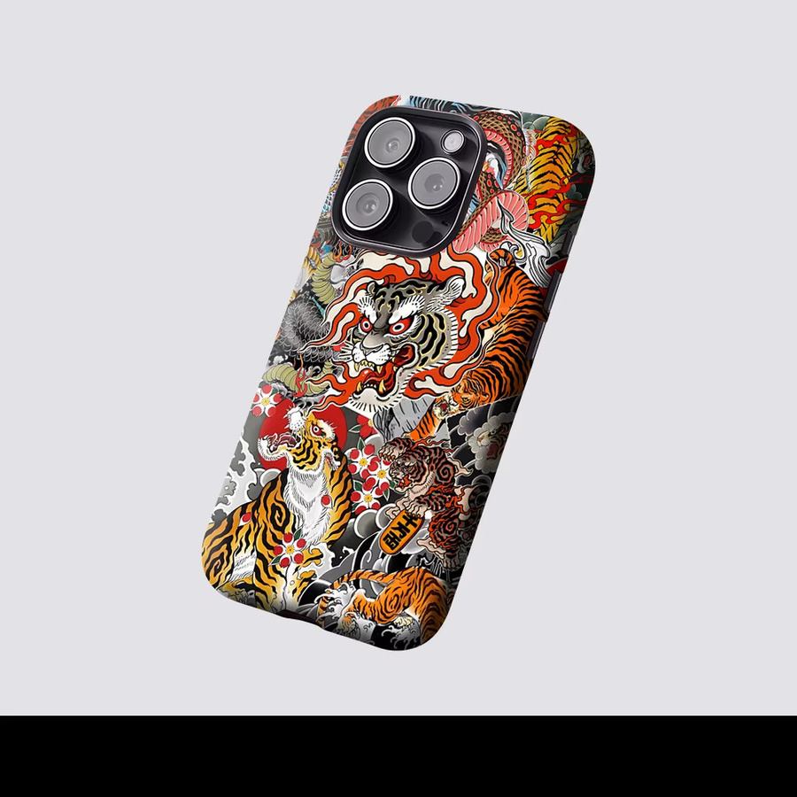 Potdemiel Magnetische Handyhülle mit Japanischer Tiger- & Drachen-Collage für iPhone 17 16 15 14 13 Pro Max Plus, Mehrfarbig, Robuste Einzel- & Doppelschicht-Hülle - Bild 2