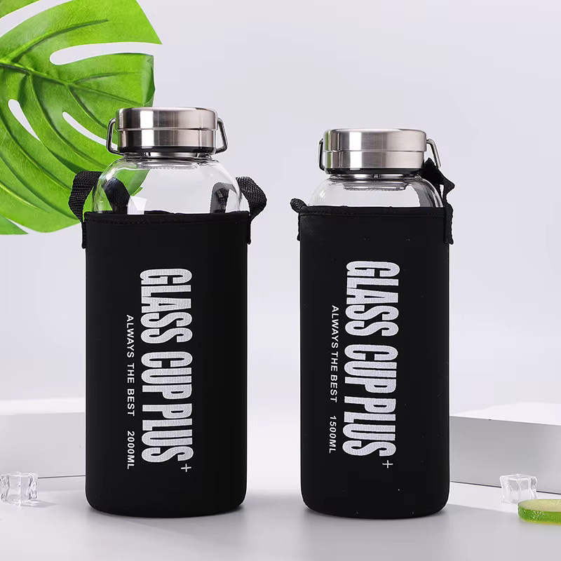 AIWILL Tragbare Borosilikat-Glasflasche mit Tee-Ei für Outdoor und Reise, Schwarz, Transparent, 600 ml / 1000 ml / 1500 ml / 2000 ml - Bild 5