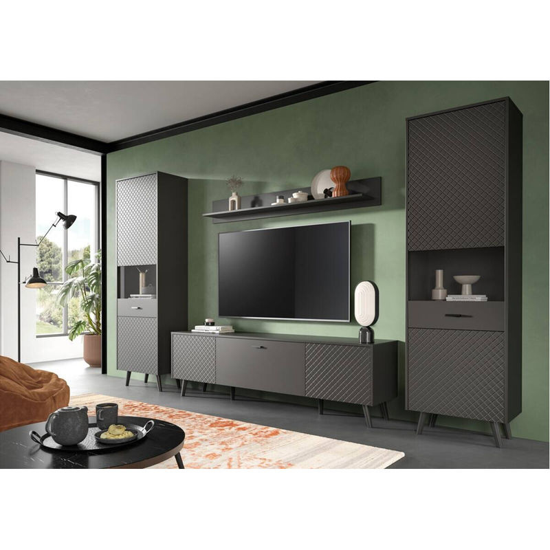 Wohnwand LINEA von xonox.home in Grau und Schwarz, modern mit Lowboard und Vitrine, B/H/T: 331 x 195 x 40 cm - Bild 2