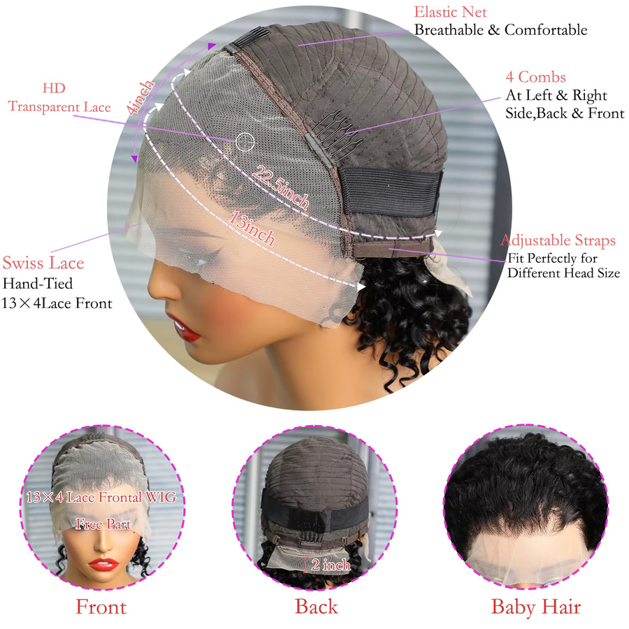 Duoxuan Bob-Perücke, 100 % Echthaar, kurze Wellen, transparente Spitze-Front, 40,6 cm - Bild 5