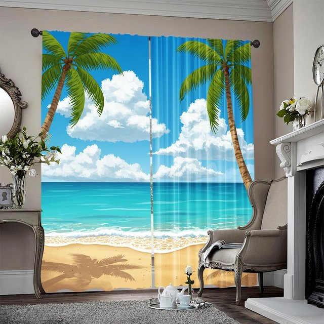 Set aus 2 transparenten Voile-Vorhängen mit Hawaii Strand und Ozean Digitaldruck aus Polyester, B: 100 cm, H: 70 cm - Bild 1