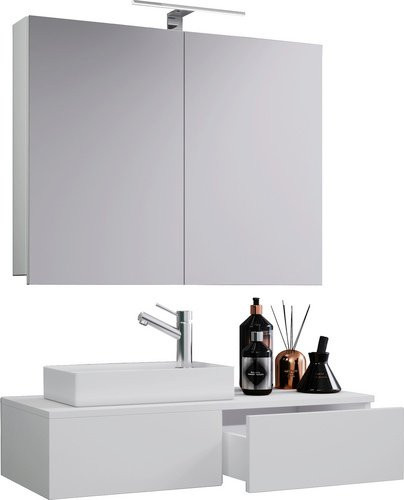 VCM Badmöbel Gudas 3-teiliges Set in Weiss bestehend aus Waschbeckenunterschrank, Waschbecken und Spiegelschrank aus Sanitärkeramik und Holzwerkstoff - Bild 1