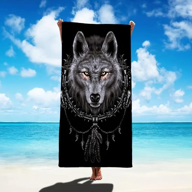 Wolfskopf Traumfänger Strandtuch aus Mikrofaser im Tribal Boho Design, schnelltrocknend und sandfrei, B: 40 cm, H: 60 cm - Bild 1