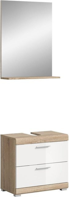 Badezimmer-Set Lambada xonox.home aus Eiche Sonoma Nachbildung und Weiß Hochglanz, 2-teilig mit Waschtischunterschrank, Hochschrank und LED-Spiegelschrank, B/H/T: 60 x 191 x 37 cm - Bild 1