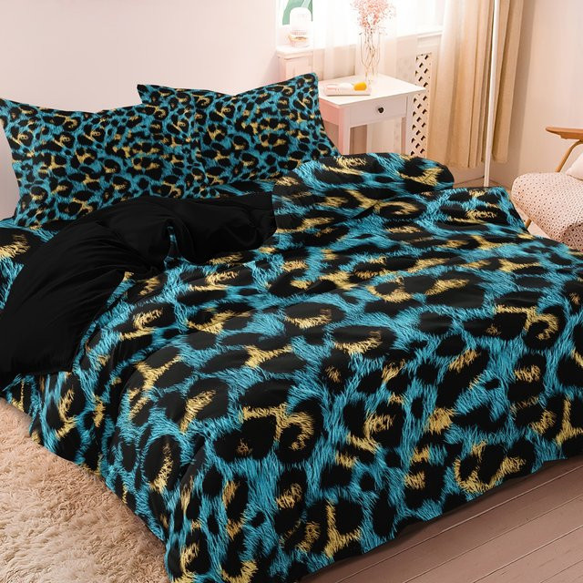3-teiliges Bettwäsche-Set mit blauem Leopardenmuster, atmungsaktive Bettwäsche mit Grafikdruck, B/H: 135 x 200 cm - Bild 1