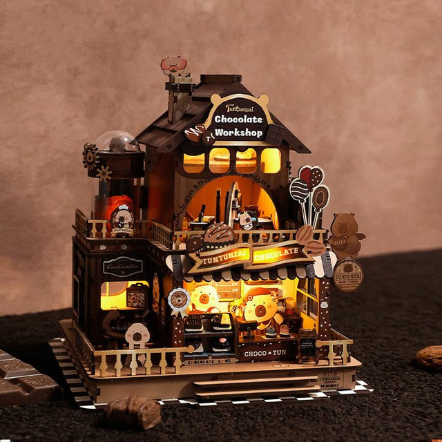 ELEVEN-CUTE DIY Holz-Schokoladen-Werkstatt, Miniatur-Modellbausatz, mit Möbeln und LED-Beleuchtung - Bild 1