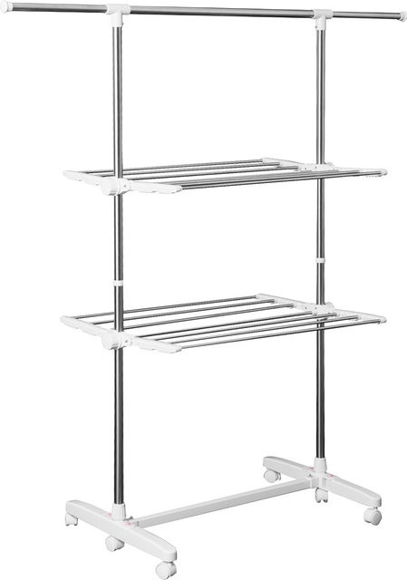 HOMCOM Mobiler Wäscheständer als Wäschetrockner-Turm mit 2 Ebenen, klappbar mit Seitenflügeln und Rollen, Edelstahl und Kunststoff, Silber/Weiß, Höhe: 154 cm, Breite: 136 cm, Tiefe: 62 cm - Bild 1