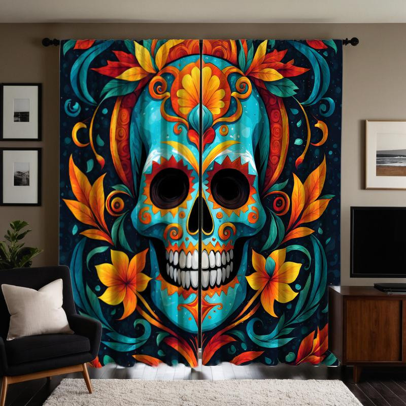 2er-Set MH Vorhang mit mexikanischem Tag der Toten Zucker Schädel Motiv, Blau/Mehrfarbig, B: 132 cm, H: 160 cm - Bild 3