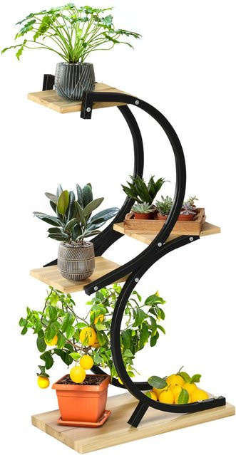 Outsunny Pflanzenregal S-förmige Blumentreppe mit 4 Ebenen aus Metall und Massivholz in Schwarz, B/T/H: 46 x 25 x 91 cm - Bild 3