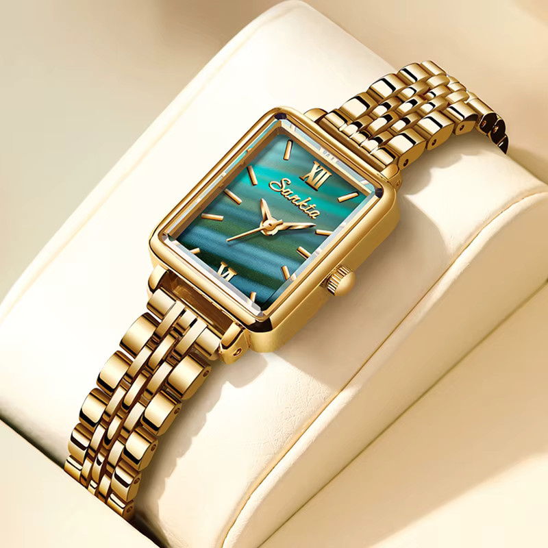 LIGE Armbanduhr Quarz, Edelstahl, Gold, Bicolor, Grün, Rechteckig, Damen - Bild 6