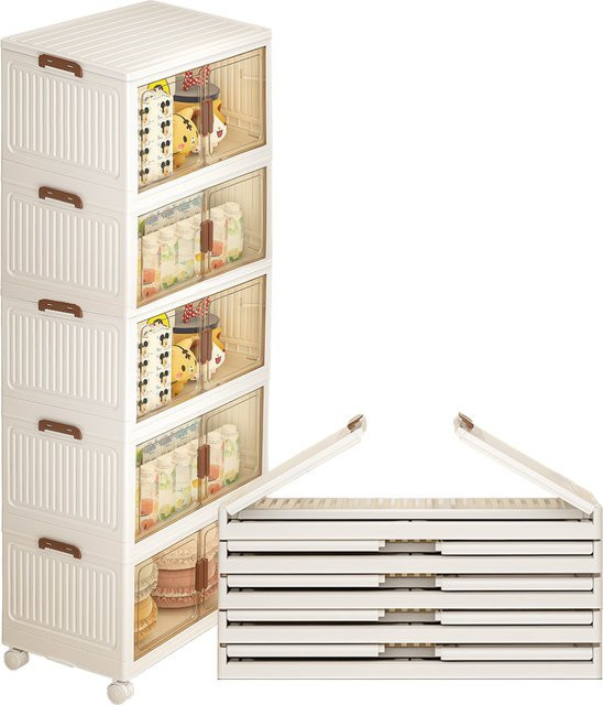 PFCTART Klappbarer Kunststoff-Aufbewahrungsschrank mit 5 Ebenen, Weiß und Transparent, Stapelbarer Organizer mit magnetischen Doppeltüren und abnehmbaren Rollen - Bild 1
