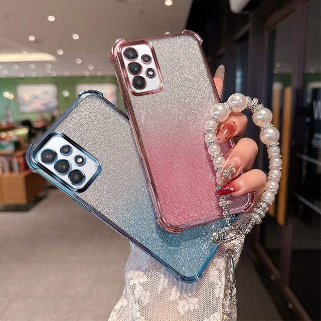 Stoßfeste TPU-Handyhülle mit Gradient Glitter und luxuriösem Perlenketten-Handschlaufenband für Samsung Galaxy A32 4G M32 5G in Pink - Bild 1