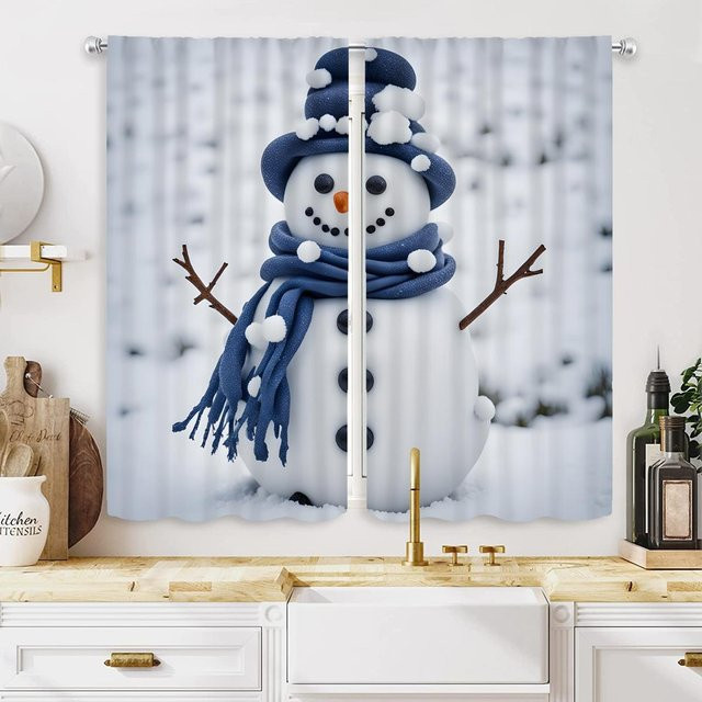 2er-Set Weihnachts-Dekovorhang mit blauem Schneemann-Motiv und weißem Band, halbtransparent, grau, B: 132 cm, H: 160 cm - Bild 1