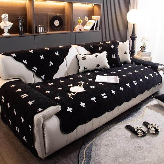 Super Six Chenille Sofabezug in Schwarz-Weiß, quadratisches Kissen für dein Sofa, B/T/H: 70 x 70 x 70 cm - Bild 1