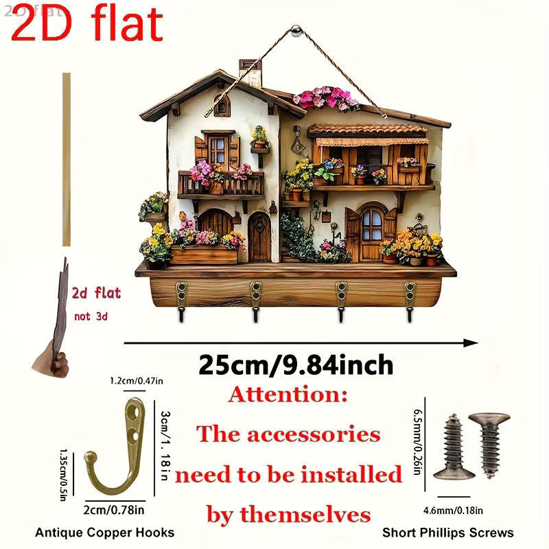 Multifunktionaler Wandkleiderhaken aus Holz mit floralem Design und vier Metallhaken in Mehrfarbig, Wanddekoration im Landhausstil - Bild 6