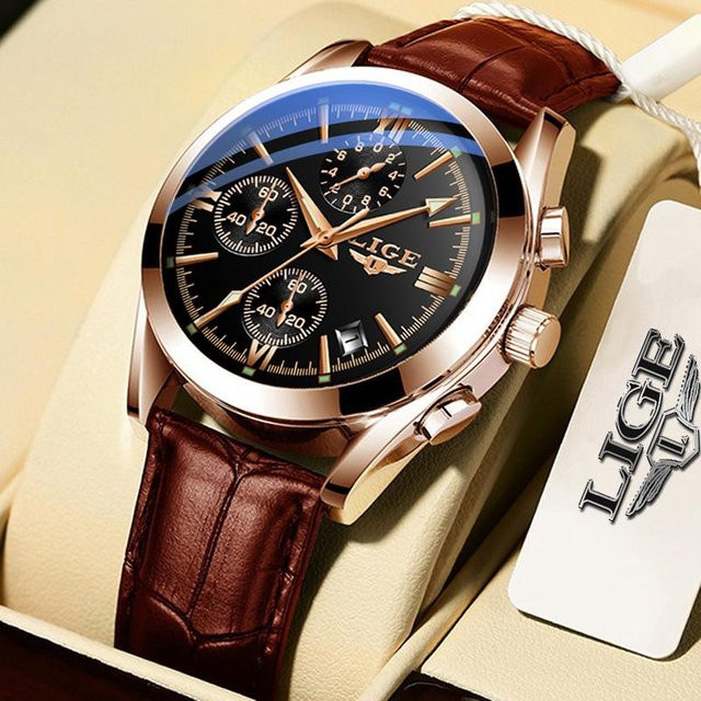 LIGE Sport-Chronograph-Armbanduhr, Lederarmband, gold/schwarz, Herren - Bild 1