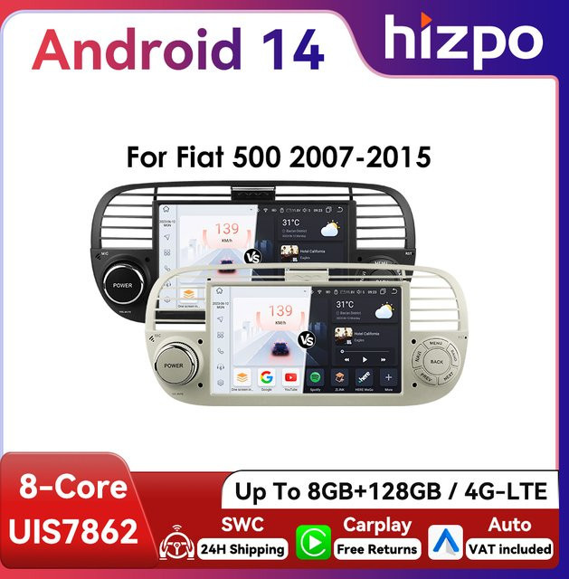 Hizpo Android Autoradio mit 7 Zoll Display für FIAT 500 (2007 - 2015) inklusive GPS, CarPlay und DSP Steuergerät mit Quad Octa Core Prozessor - Bild 1