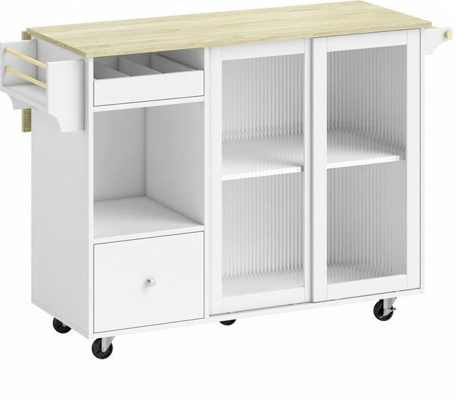 HOMCOM Kücheninsel mit klappbarer Arbeitsplatte in Weiß und Eiche, Küchenwagen mit Schiebetüren aus gehärtetem Glas, Flaschenhalter, Schublade, Gewürzregal und Rollen - Bild 1