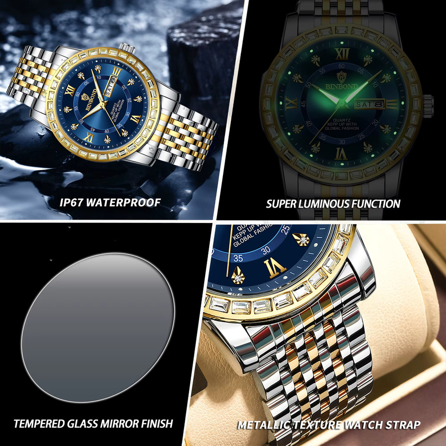 BINBOND Armbanduhr Quarz, Edelstahl, Blau, Herren, Datum, Wochentag - Bild 6
