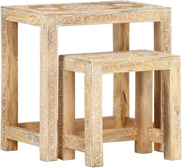 vidaXL 2-tlg. Beistelltisch-Set aus Massivholz Mango, handbemalt mit floralem Design, Beige, B/T/H: 45 x 29 x 29 cm und 29 x 29 x 29 cm - Bild 1