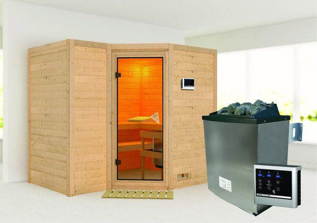 Karibu Massivholzsauna SAHIB 2 in Natur mit 9.0 kW Ofen, Steuergerät und Ganzglastür in Bronze, B/T/H: 236 x 184 x 212 cm - Bild 1