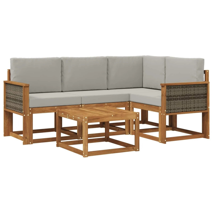 vidaXL Outdoor-Sofagarnitur aus Akazienholz mit 5 Teilen in L-Form, Hellgrau und Natur - Bild 2