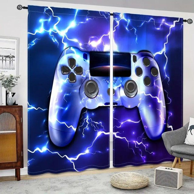2er-Set Gamer-Vorhänge mit buntem Gamepad-Design für Wohnzimmer und Schlafzimmer, halbtransparent, Blau/Mehrfarbig, B: 50 cm, H: 160 cm - Bild 1
