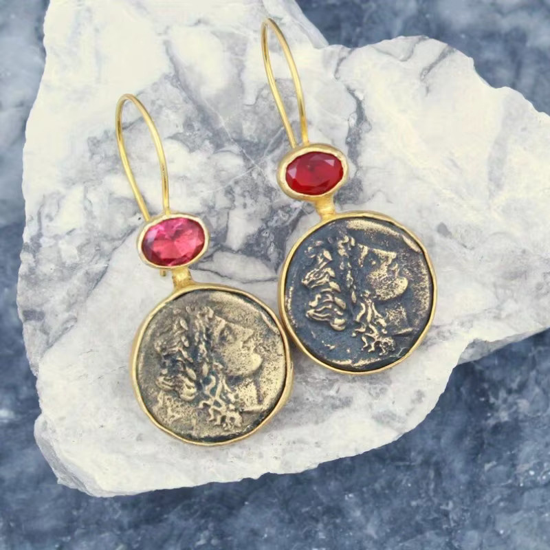 YoYo Ohrringe, Gold, rote Steine, Kristall, Damen, Vintage - Bild 2