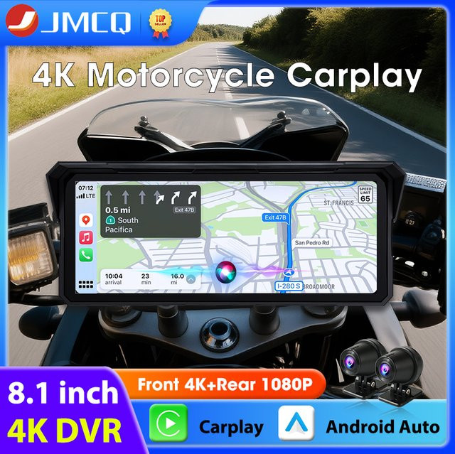 JMCQ Motorrad CarPlay GPS Navigation mit 8,1 Zoll Display, 4K DVR und 1080P Dual Objektiv, IPX7 wasserdicht, Android Auto und Bluetooth, Schwarz - Bild 1